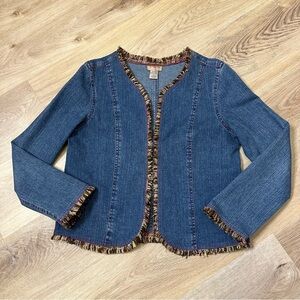 Choices Denim Jacket with Multicolor Frayed Tweed Trim size S
